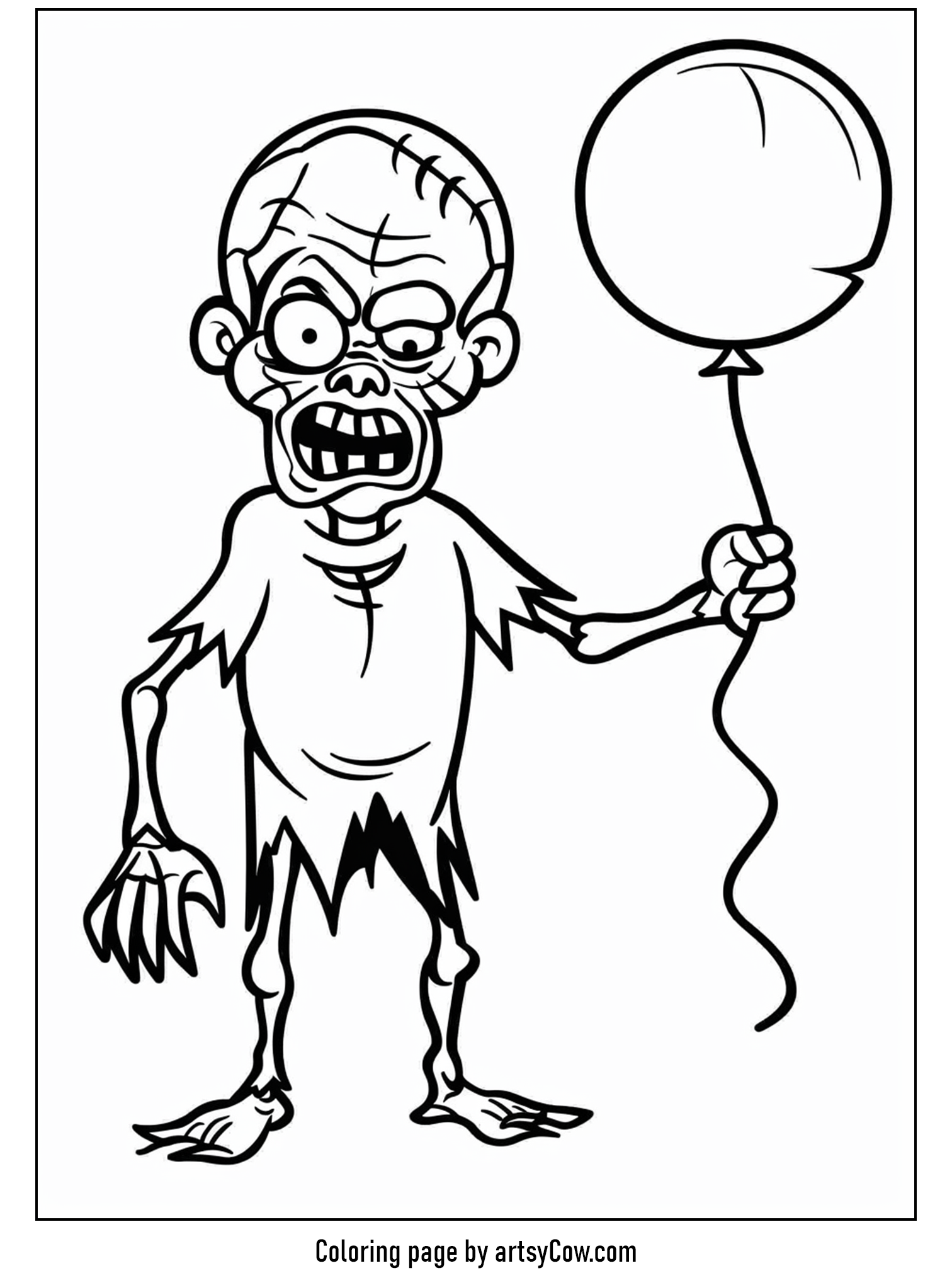 scary halloween coloring pages, depicting a zombie holding a balloon
